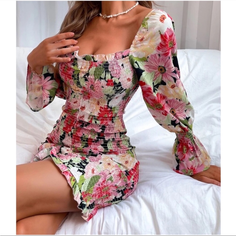 Floral Print Bodycon Ruffle Party Dress S M L XL